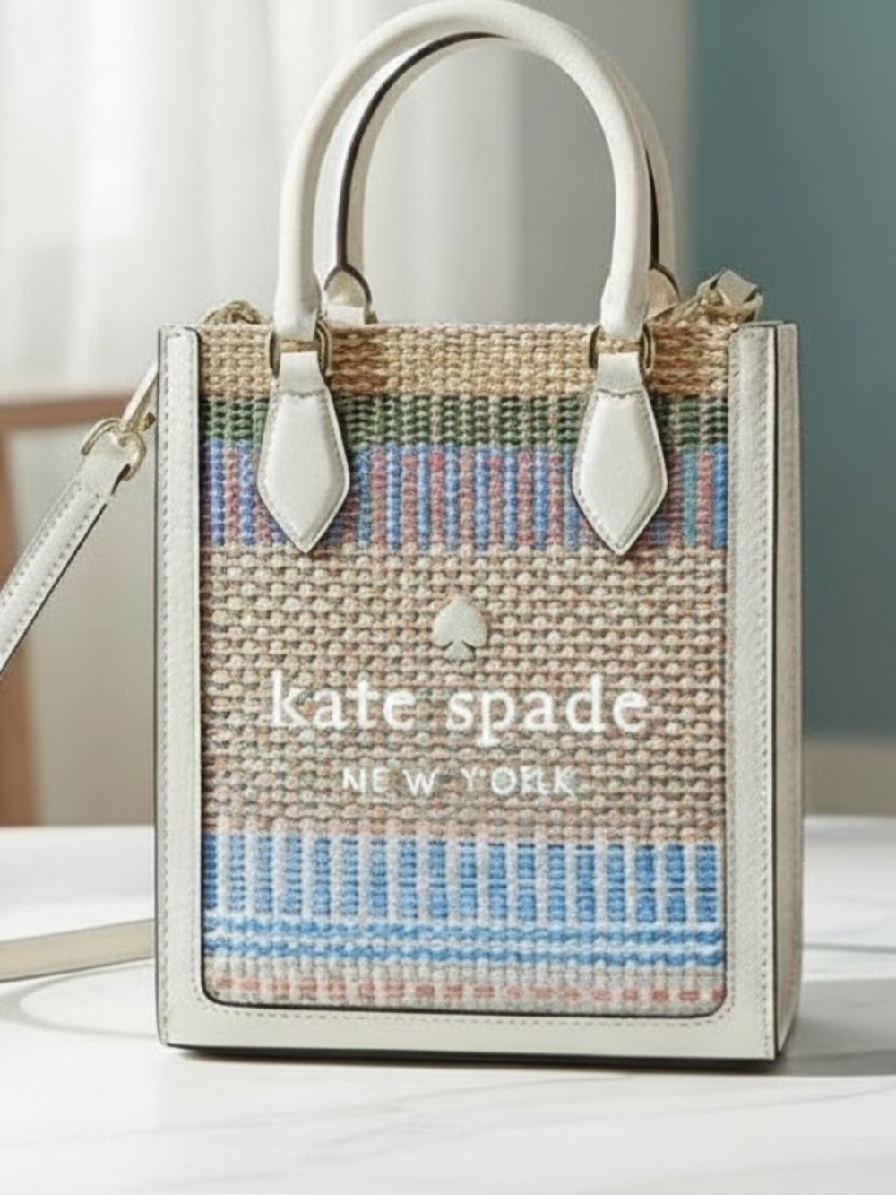 Kate Spade New York Ellie Mini Canvas Multi Straw Tote Embroidered Logo NWT